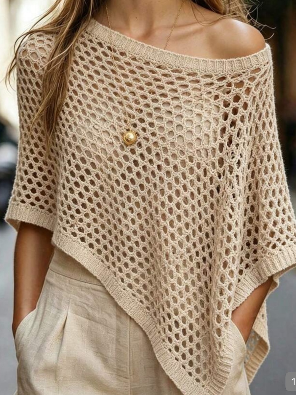 Beige Open-Knit Off-Shoulder Sweater spring Poncho